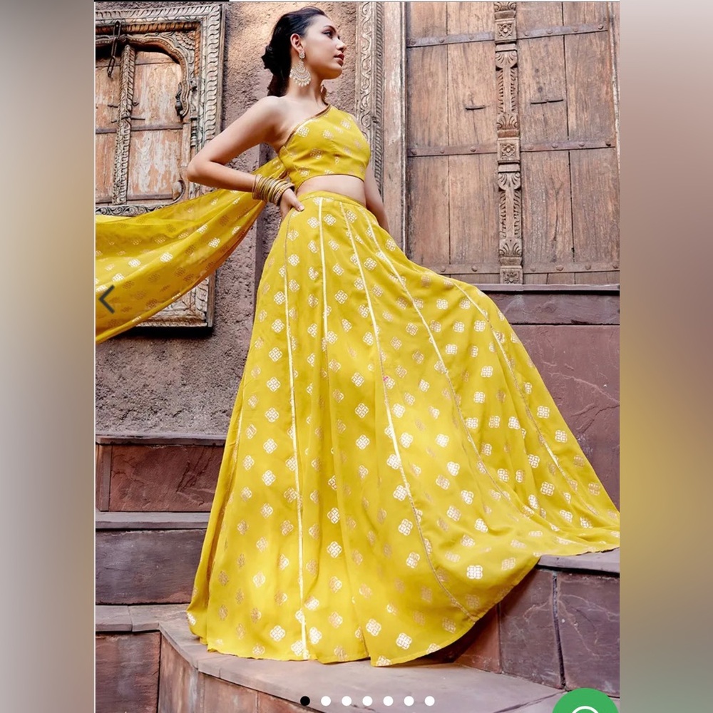Yellow One-Shoulder Lengha Gown with Metallic Motif